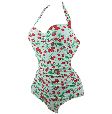 Cocoship 50s Retro Vintage Flora Print White Polka One Piece Swimwear Monokinis