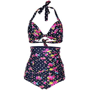 Cocoship Flora Polka Vintage High Waisted Bikini Swimsuits Swimwear