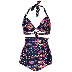 Cocoship Flora Polka Vintage High Waisted Bikini Swimsuits Swimwear