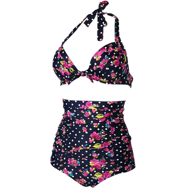 Cocoship Flora Polka Vintage High Waisted Bikini Swimsuits Swimwear